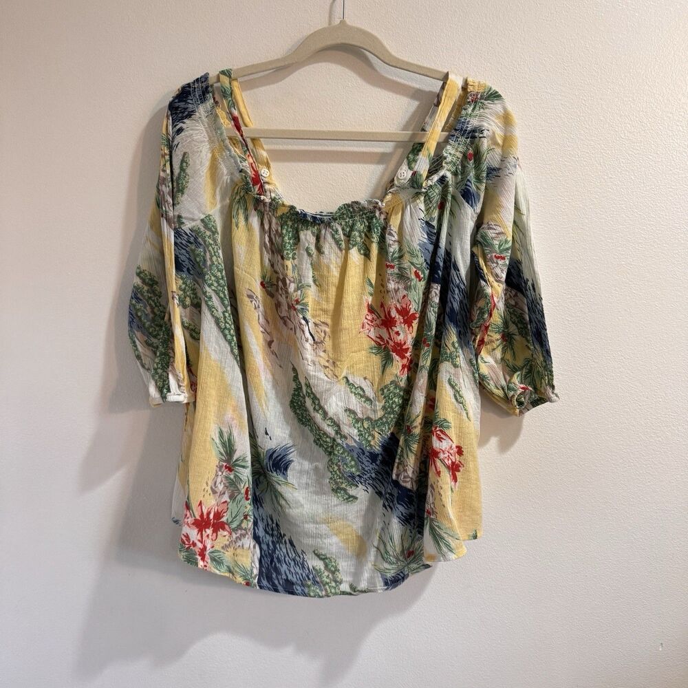 Chaps Blouse Shirt 2X Off the Shoulder Cotton Gauze Puff Sleeve Floral Yellow